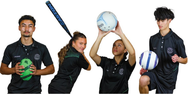 Four young people are shown. All where black uniforms with green details. A student with short dark hair and facial hair on the left is holding a green rugby ball. Beside him a student with long hai tied up in a half pomytail is holding a softball bat and looking over her shoulder at the camera. Beside them is a student holding a netball in teh air as if about to thow it into a hoop, they aren't looking at the camera. Their hair is tied back. On the right a forth student is juggling a football on their knee. They have short dark curly hair and are looking at the ball rather than the cameras  